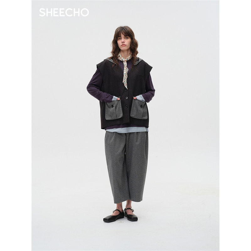 ASYUS设计师品牌25PF早秋薄暮灰细条纹压褶西装裤女长裤SHEECHO