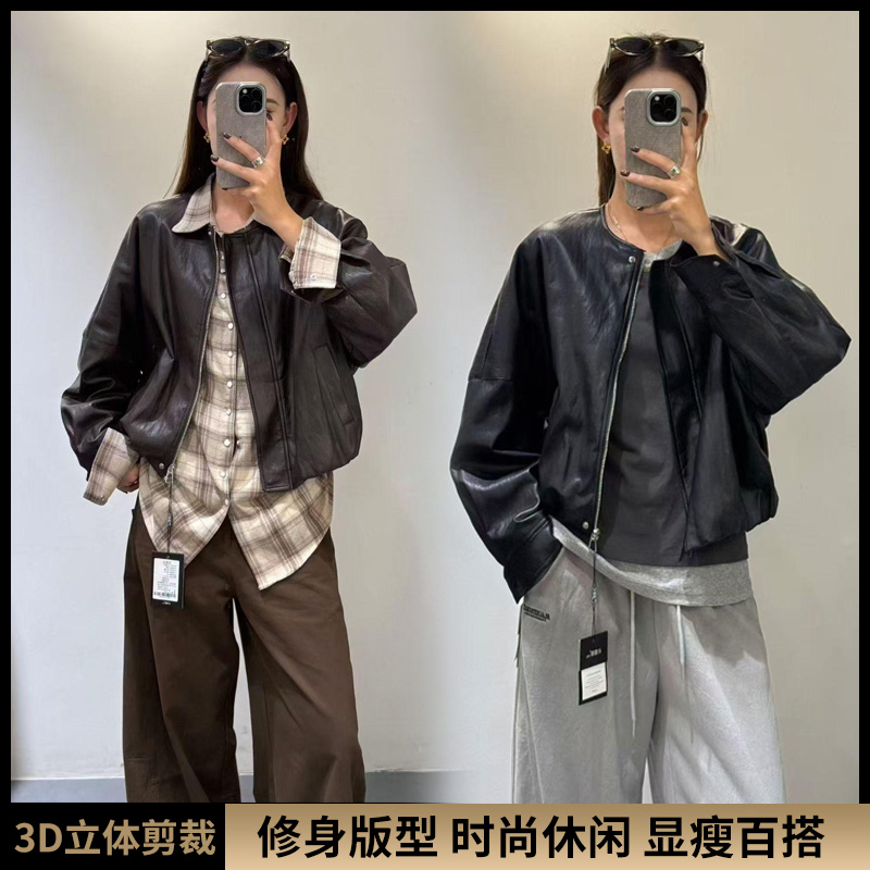 2025新款蛋白皮皮衣外套女春秋复古港风设计机车皮夹克女休闲百搭