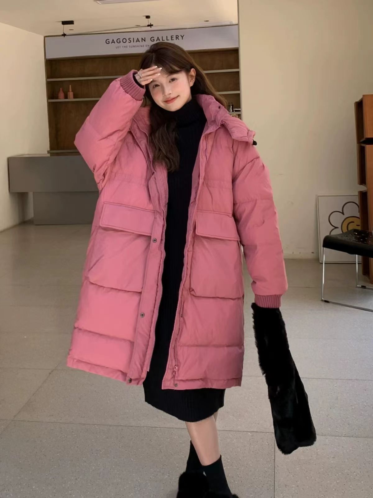 加厚纯色中长款长袖韩版暖纱连帽女女装百搭休闲宽松保暖