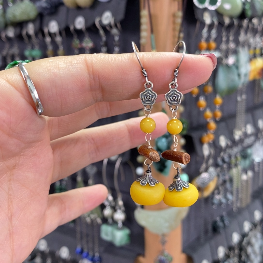 银S925镶嵌蜜蜡耳饰耳坠