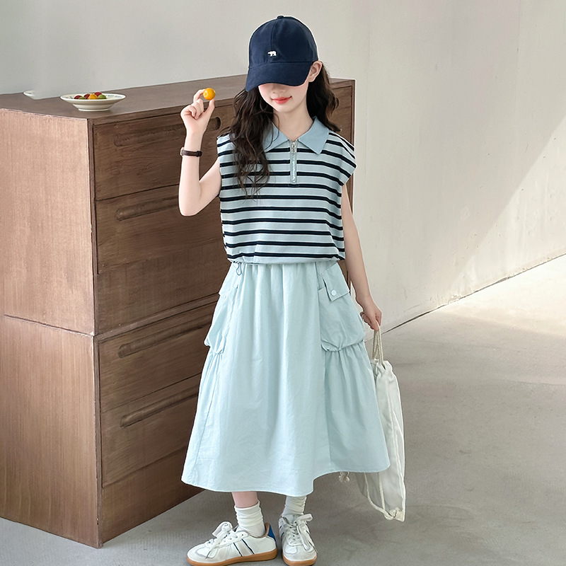 女童夏装套装2025新款洋气时髦POLO衫背心工装半身裙两件套潮