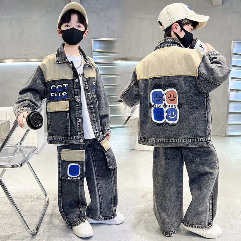 字母春季男韩版休闲风春秋套装休闲洋气秋季童装上衣中大童牛仔