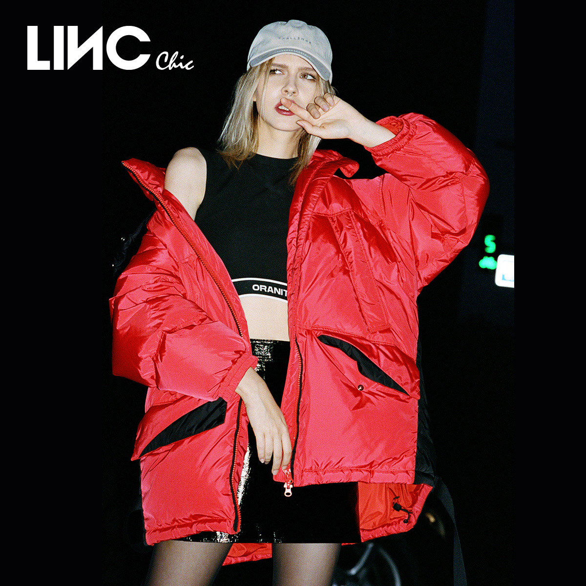 LINCCHIC/金羽杰大红色潮流中长款鸭绒羽绒服外套女冬季Y21603259