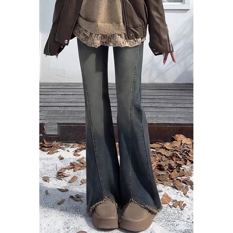 【现货+运费险】大码微喇开叉加绒牛仔裤女胖mm显瘦弹力毛边喇叭裤