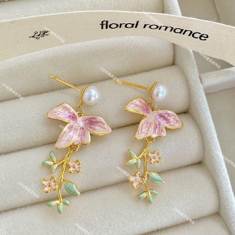 黄铜陶瓷耳饰 S925银针镀18K金国潮新中式春日樱花粉色油画风耳钉