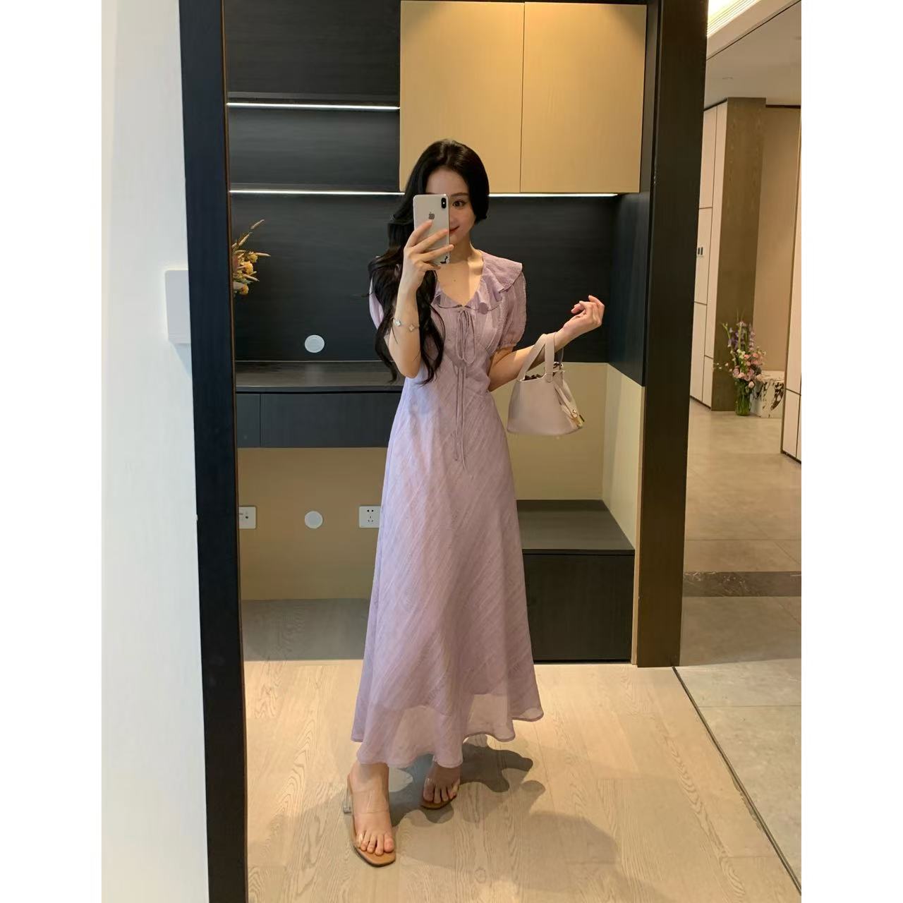 XINYI【紫风铃】夏季泡泡皱雪纺连衣裙收腰显瘦气质裙X625Q08501
