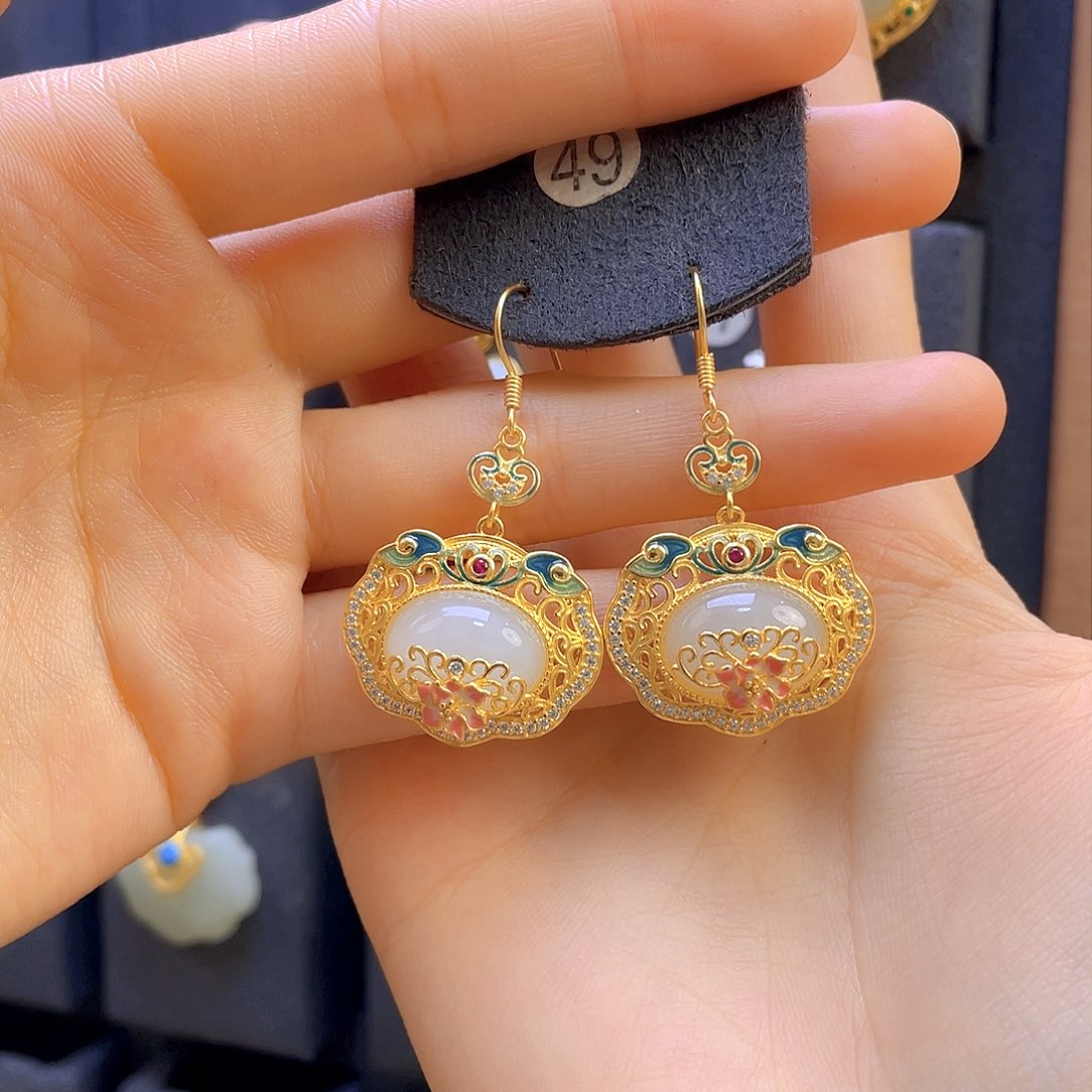 和田玉耳饰银S925镀金镶嵌