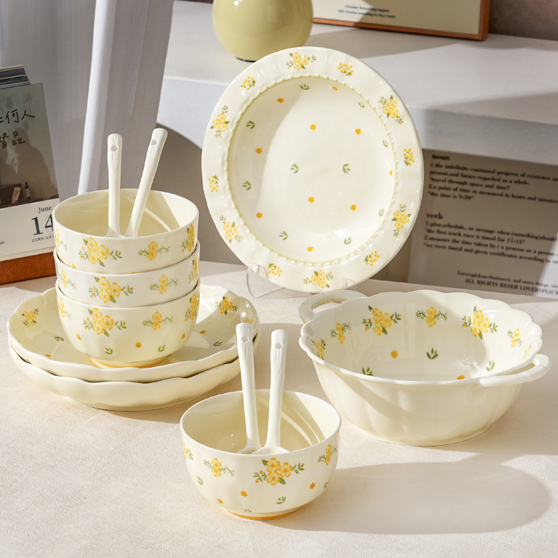 【琉璃花12件套】奶油风碗盘米饭碗圆盘深盘奶油风套装陶瓷餐具碗勺