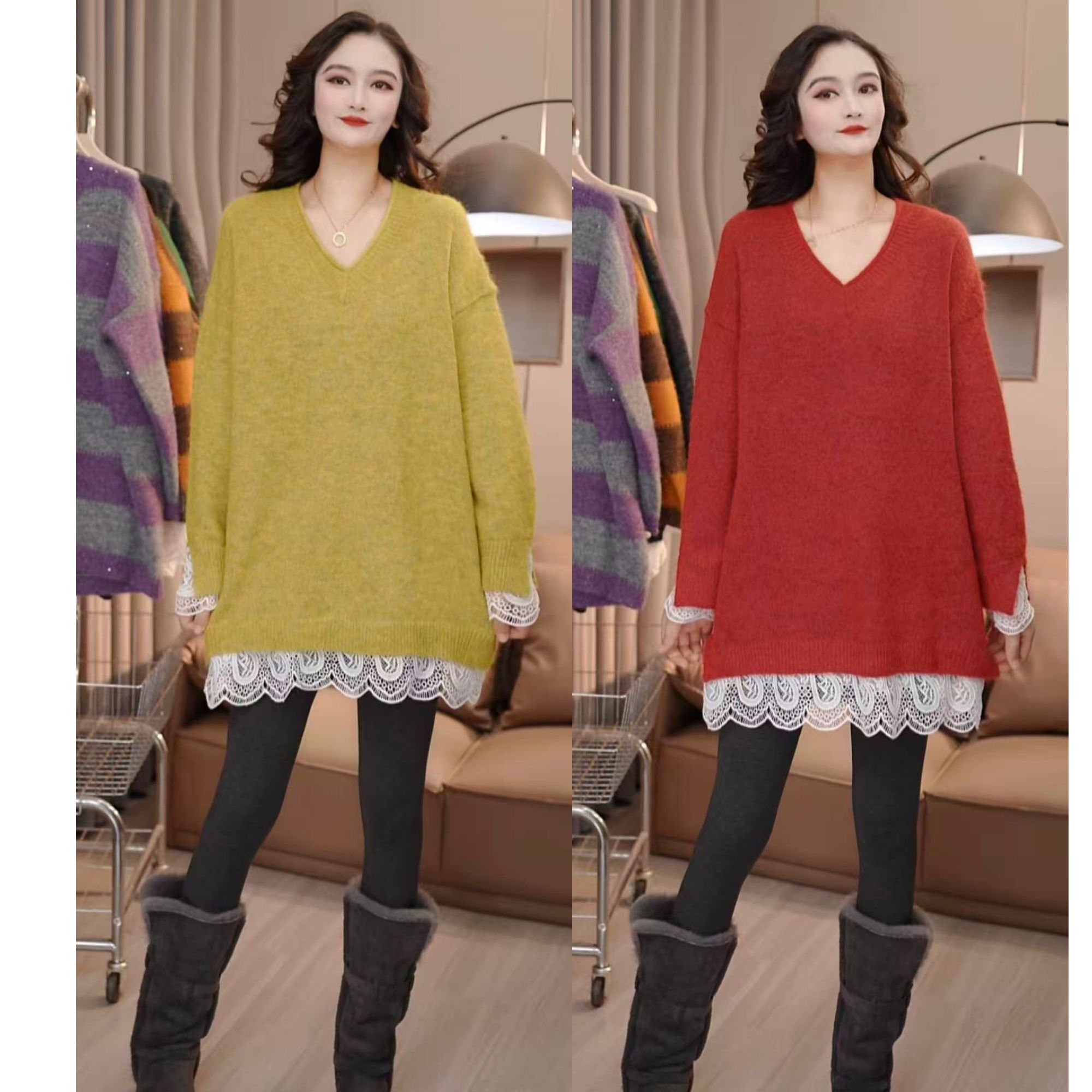 冬季新款厚款针织下摆蕾丝常规中长款毛衣女装百搭显瘦保暖61766#