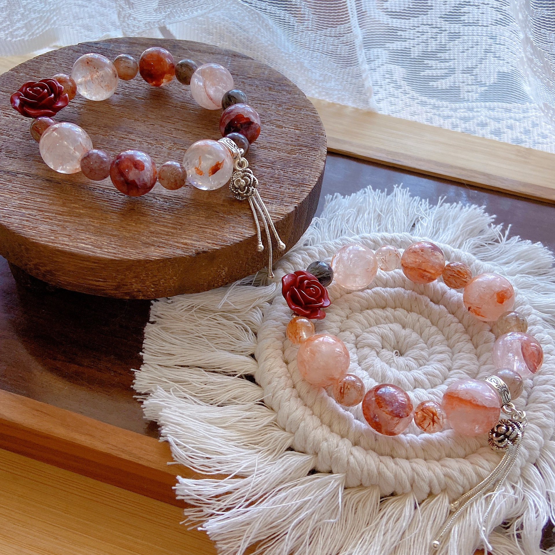 【玫瑰星轨】天然黑金超红胶花朱砂玫瑰水晶手串