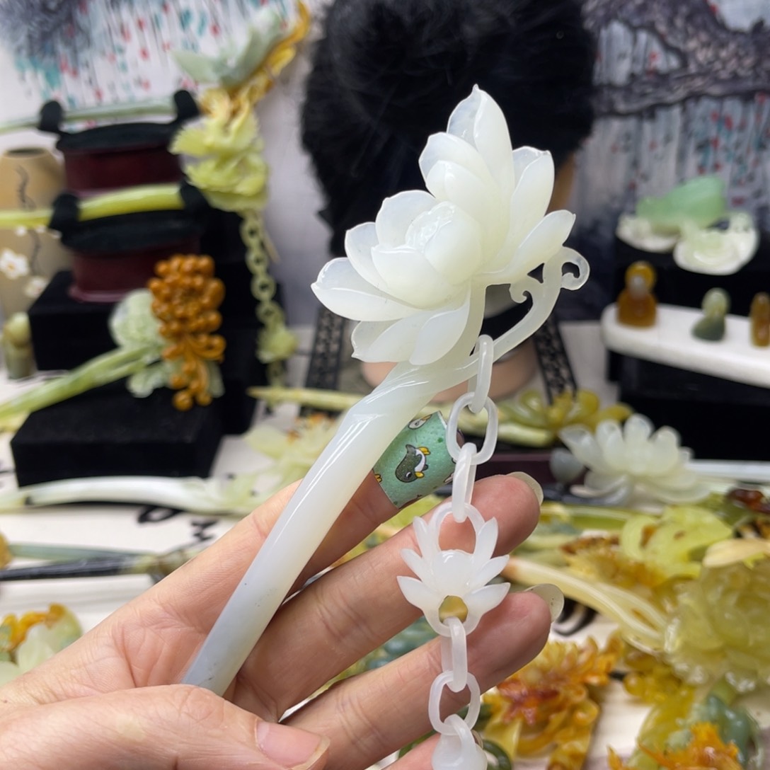 【闪购商品】蛇纹石玉发饰合金微**合