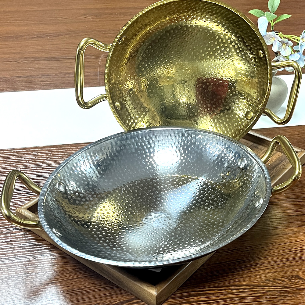 加厚锤纹不锈钢干锅商用家用厨房金色圆底酒精炉[单锅]