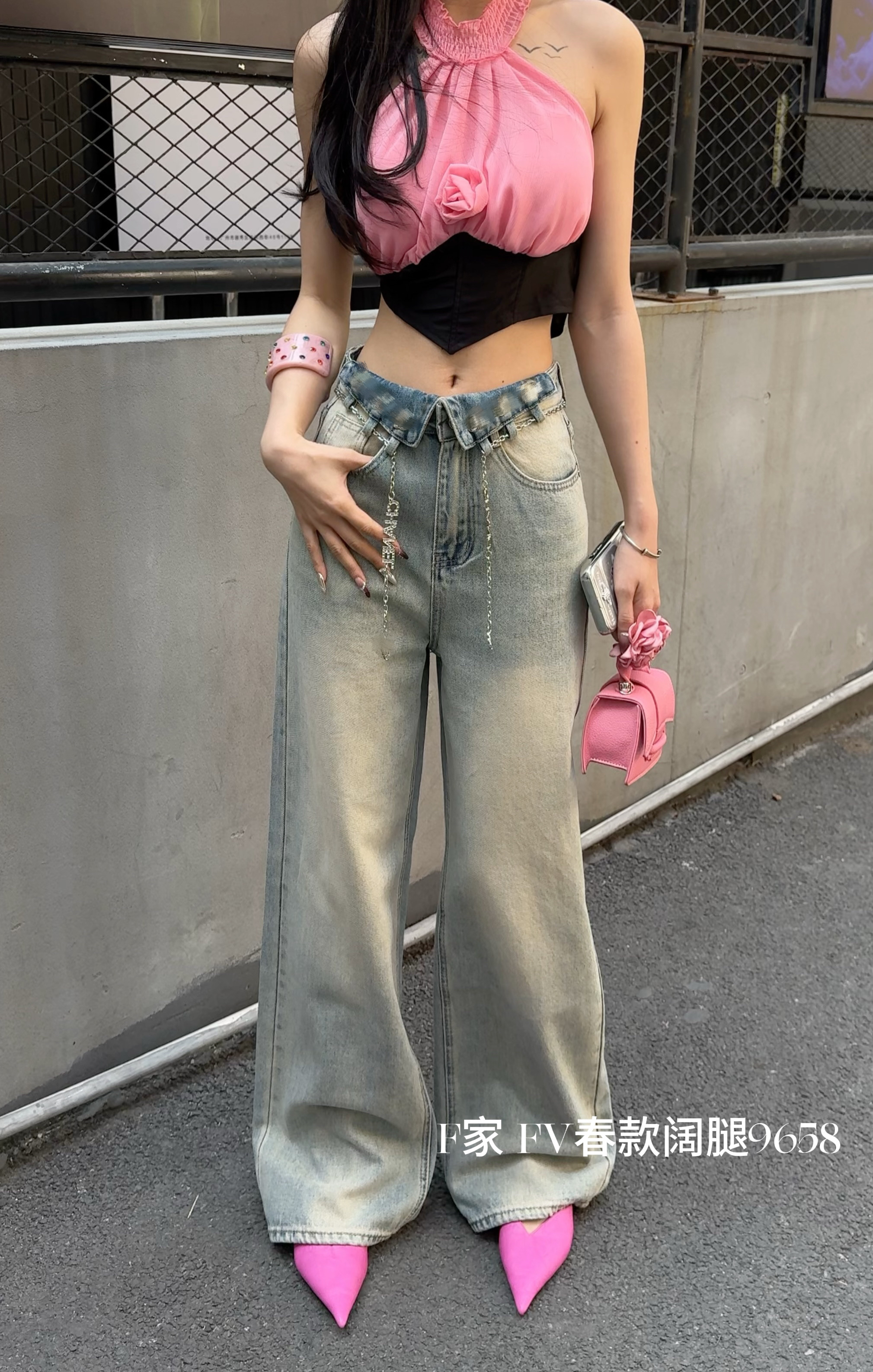 F家-春夏季新款重工高腰显瘦带链条阔腿裤