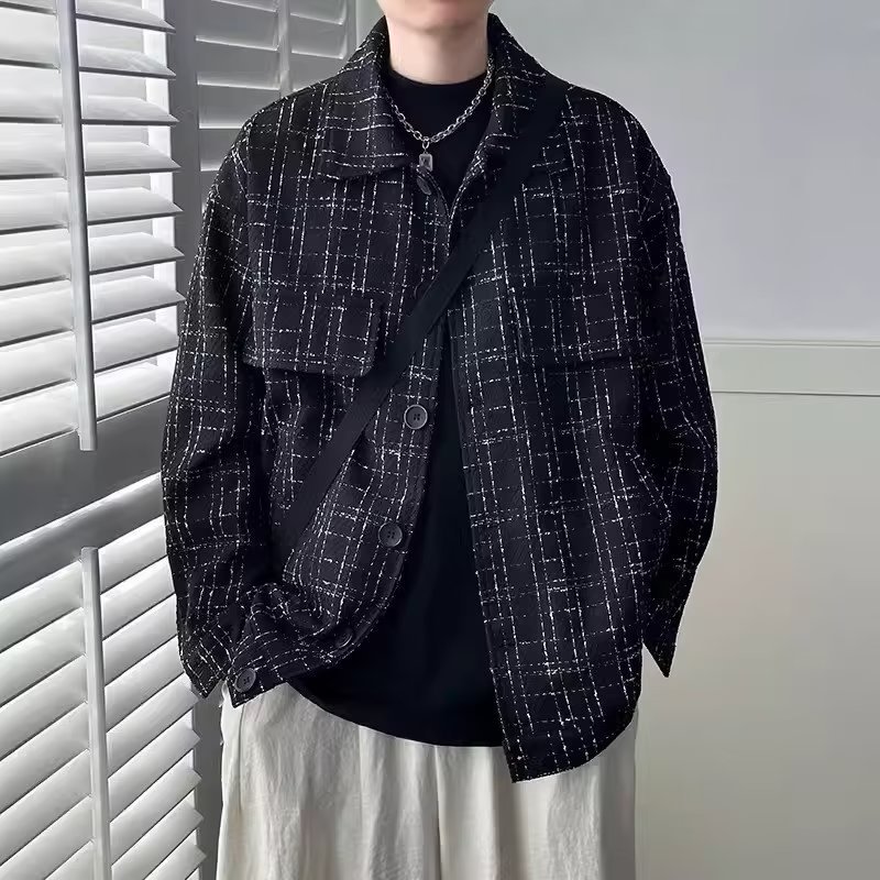 YEEZY男装小香风格子外套男春秋季日系慵懒风设计毛呢衬衫式夹克
