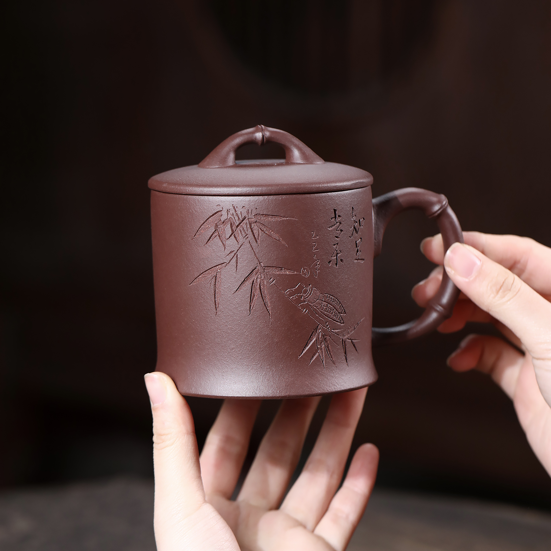 雪涓宜兴原矿优质紫泥竹节刻绘知足常乐男女紫砂高档办公紫砂茶杯