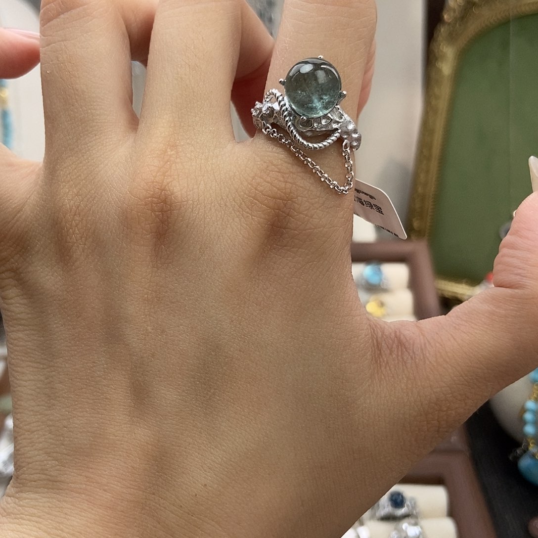 落***海水晶戒指银S925镶嵌黑爆闪链条200