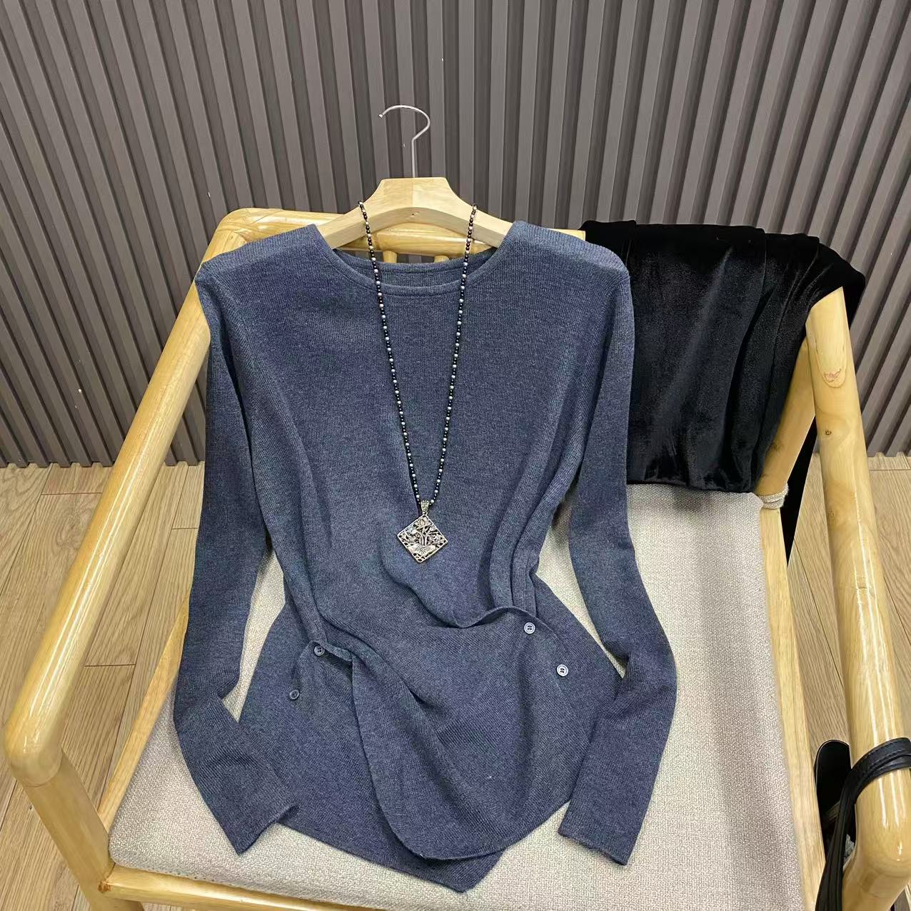 秋冬圆领长袖交叉设计感套头针织衫修身显瘦百搭内搭毛衣女Z1256