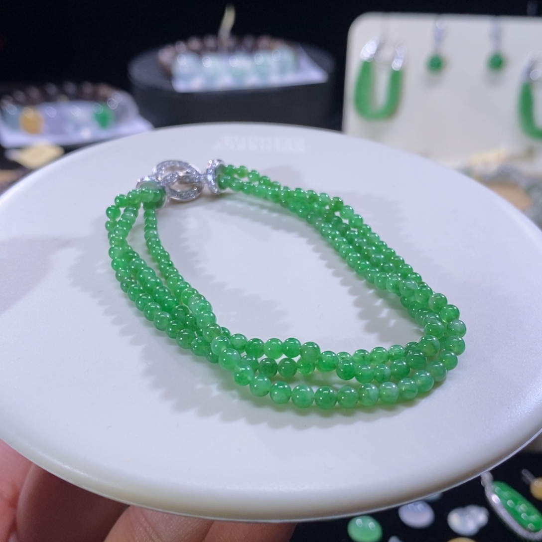 翡翠18K金镶嵌手链18K冰绿小米珠手链
