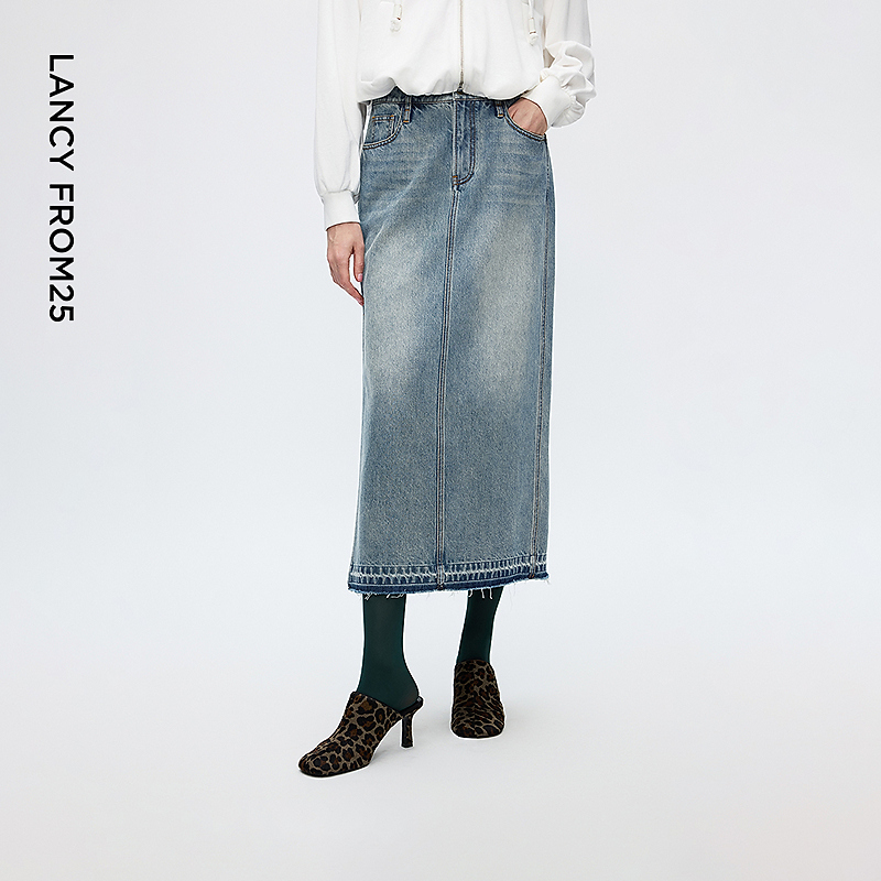 朗姿复古蓝直筒牛仔半身裙高级感气质通勤长款半裙2025年冬季新款