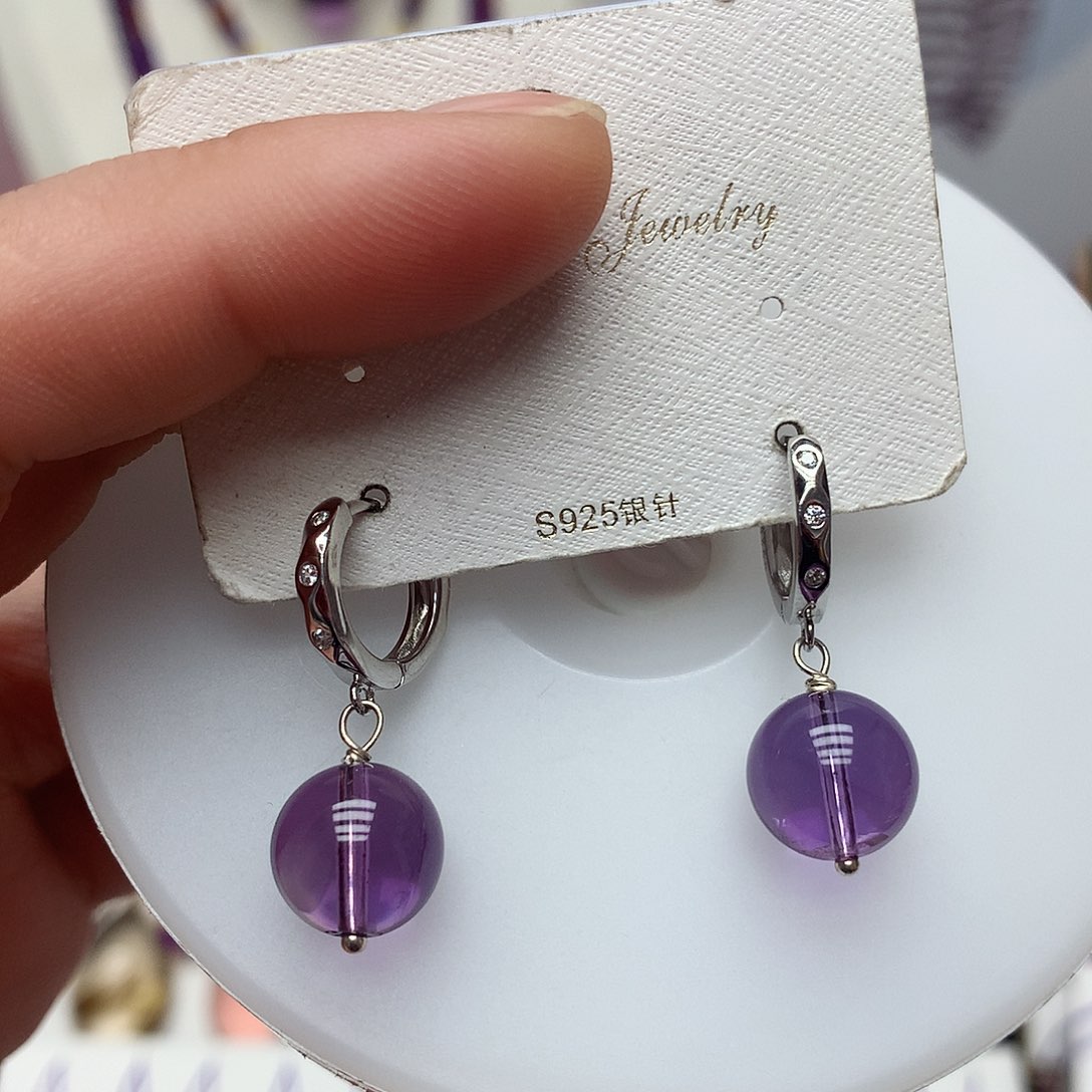 紫晶耳饰银S925镶嵌圆珠