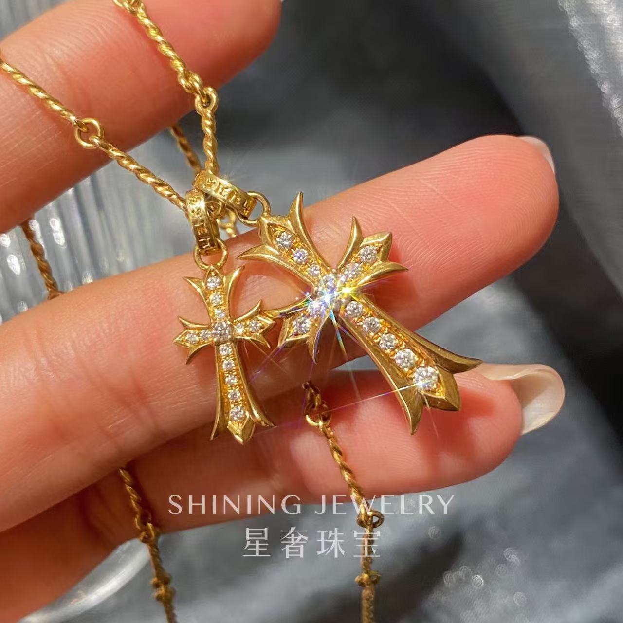【星奢珠宝】18k金双十字架钻石项链天然真钻气质轻奢时尚百搭精致