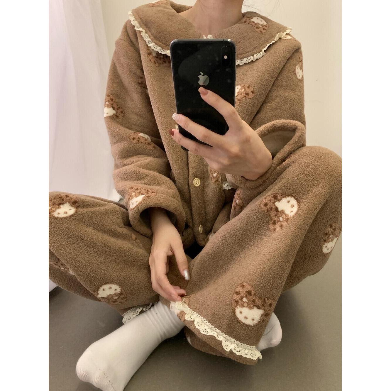 韩系甜美kitty珊瑚绒睡衣女秋冬季新款加厚保暖家居服套装可外穿