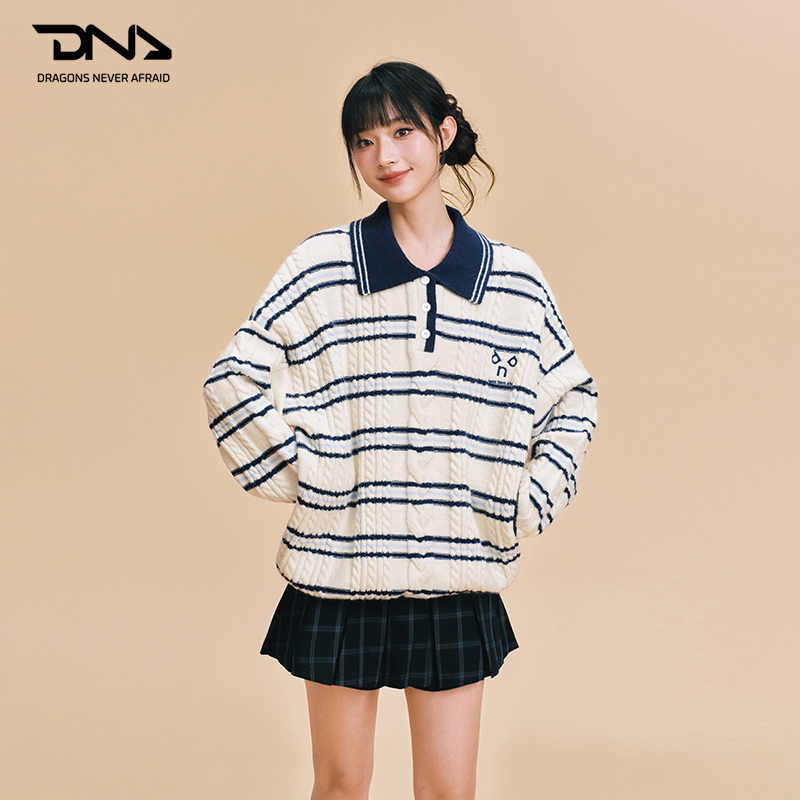 DNA官方 上衣毛衣条纹针织翻领长袖针织衫老钱风毛针织衫刺绣