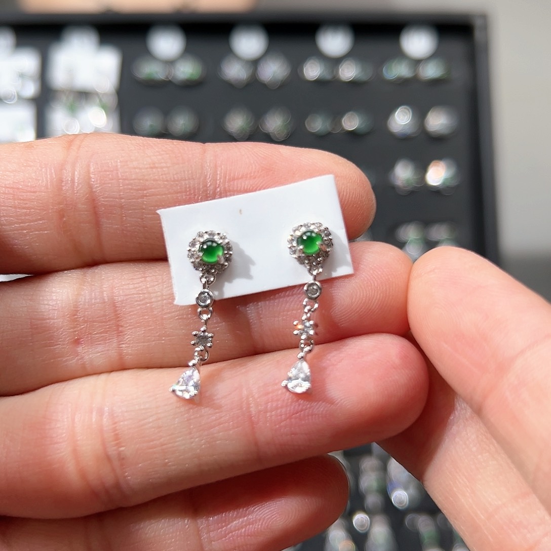 翡翠耳饰银S925镶嵌特价