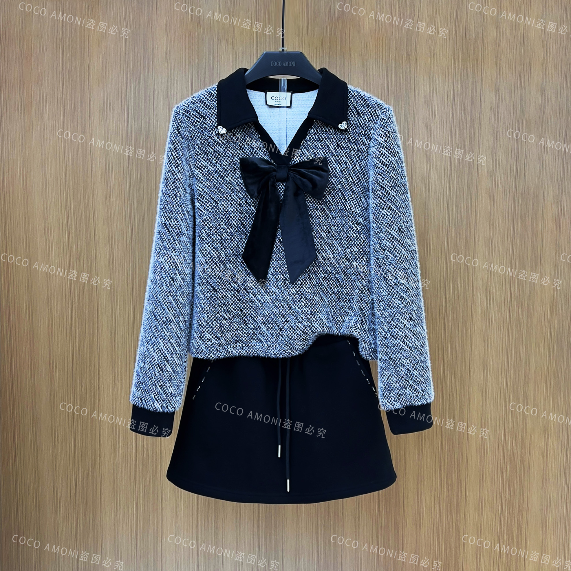 新款时尚设计感秋冬季女装拼接重工蝴蝶结显瘦气质套装LDD067