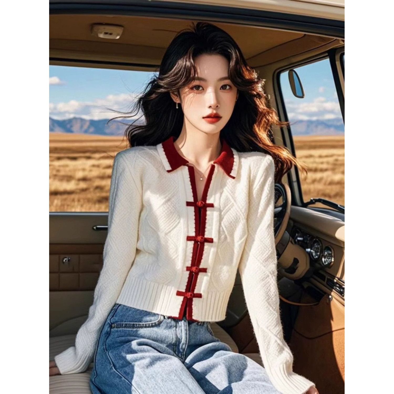 HR6600新中式国风拼色高端长袖针织衫毛衣女早秋不撞款上衣女