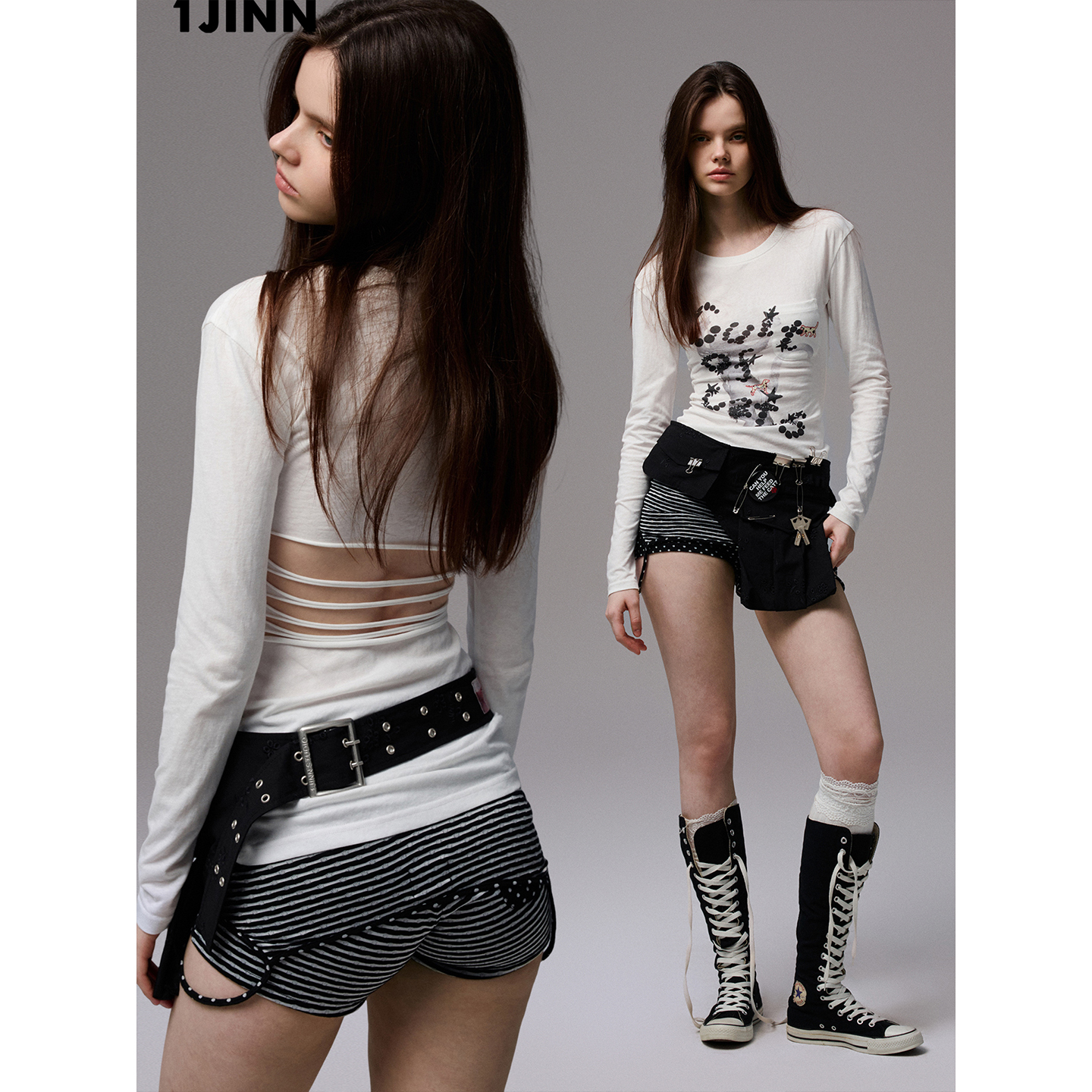 【25秋新VOL.3】1JINN STDUIO 猫咪印花露背破洞长袖T恤