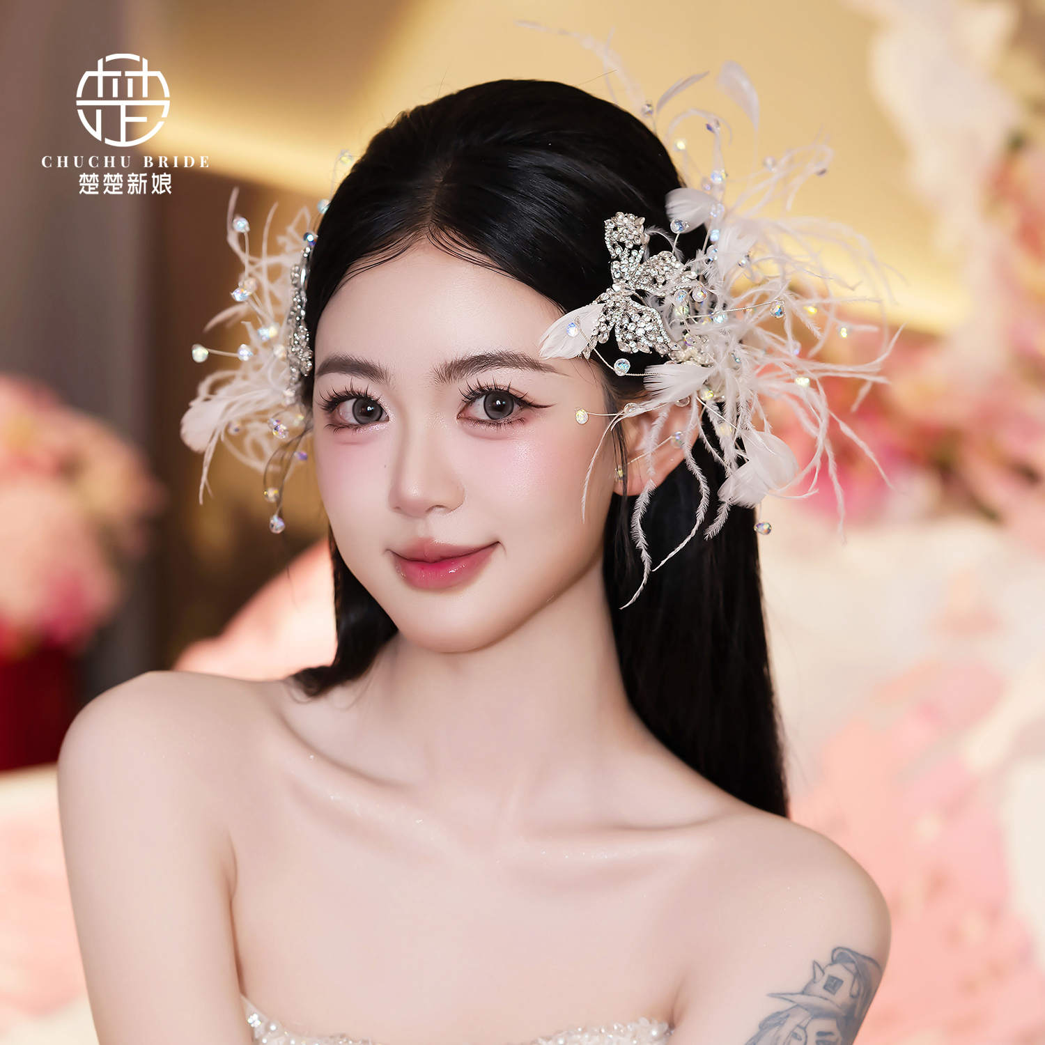 新款新娘结婚头饰时尚日韩灵动手工羽毛簪子跟妆敬酒礼服发饰