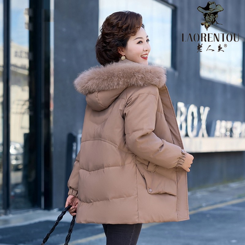 老人头中老年羽绒服女士加厚款连帽中长冬装妈妈大码保暖洋气外套