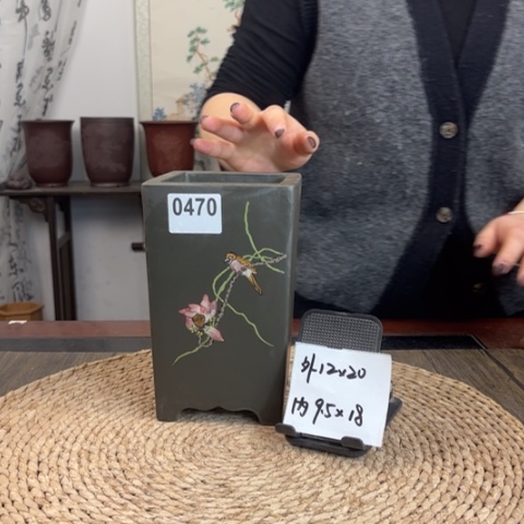 紫砂花盆纯料墨绿签筒手绘0470