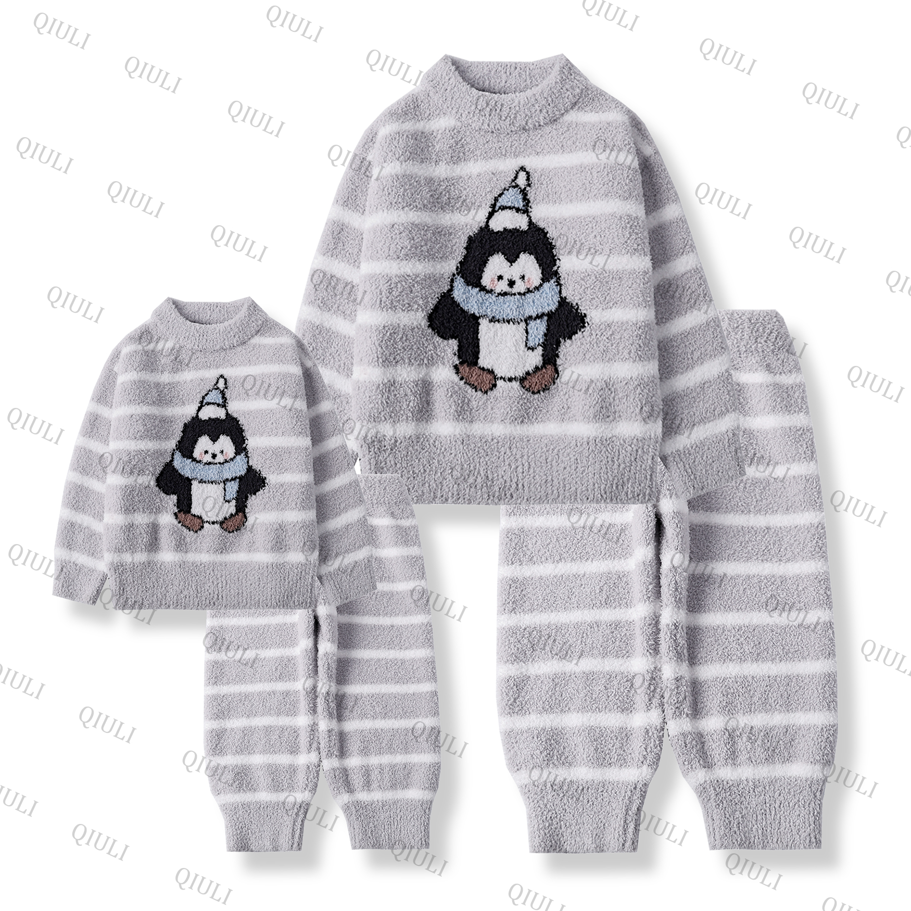 [QIULI]2025新款半边绒‘企鹅宝宝’冬款保暖居家时尚亲子家居套装