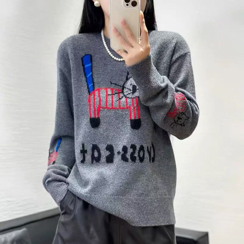 欧洲站新品时尚猫咪刺绣宽松显瘦时尚减龄针织衫8424