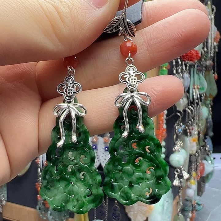 可***多翡翠银S925镶嵌耳饰