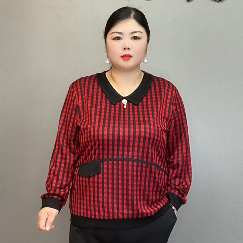 春秋条纹妈妈装新款加肥加大码长袖打底衫宽松遮肚子小衫气质显瘦
