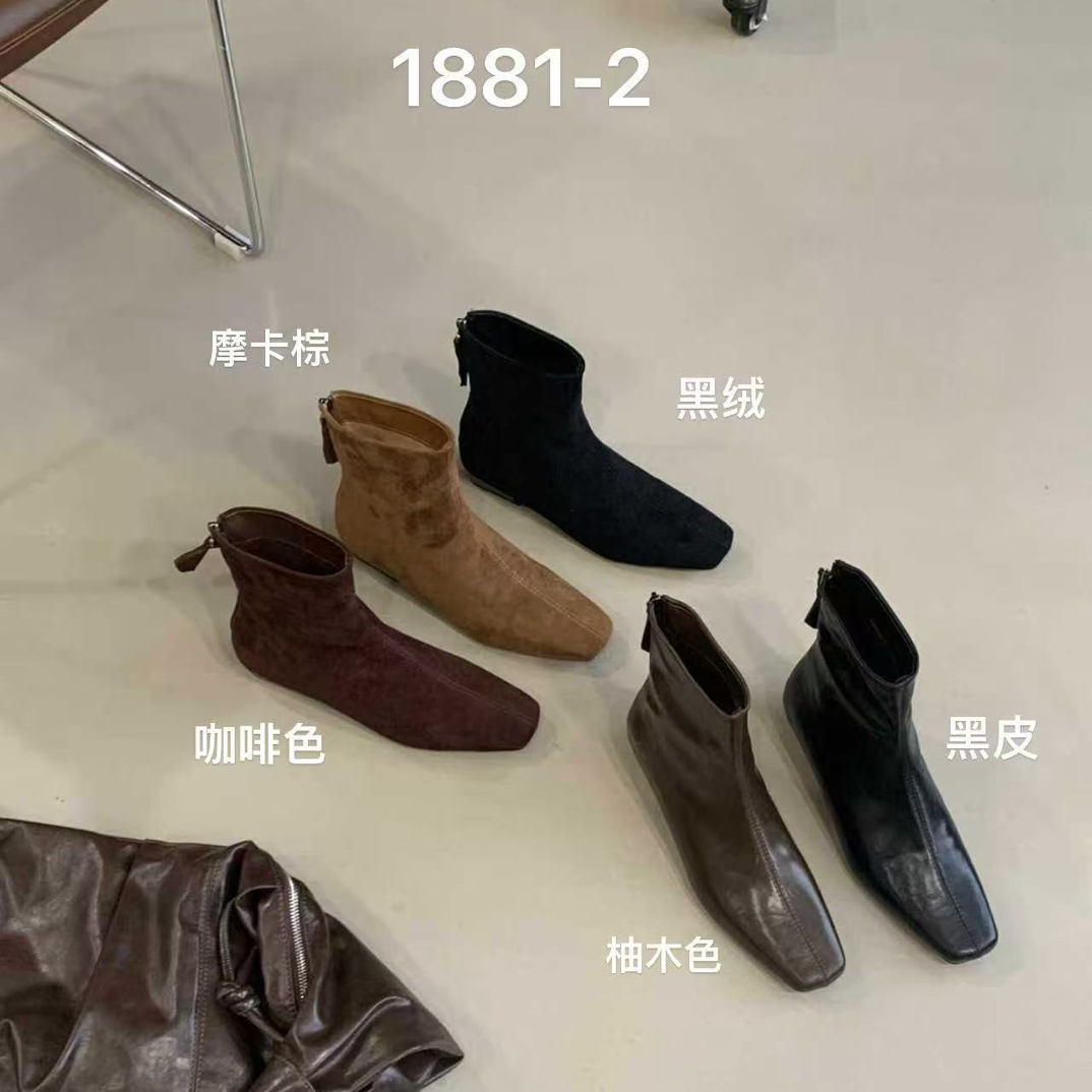 1881-2圆头粗跟后拉链短靴秋冬新款时尚百搭复古女靴韩版瘦瘦靴