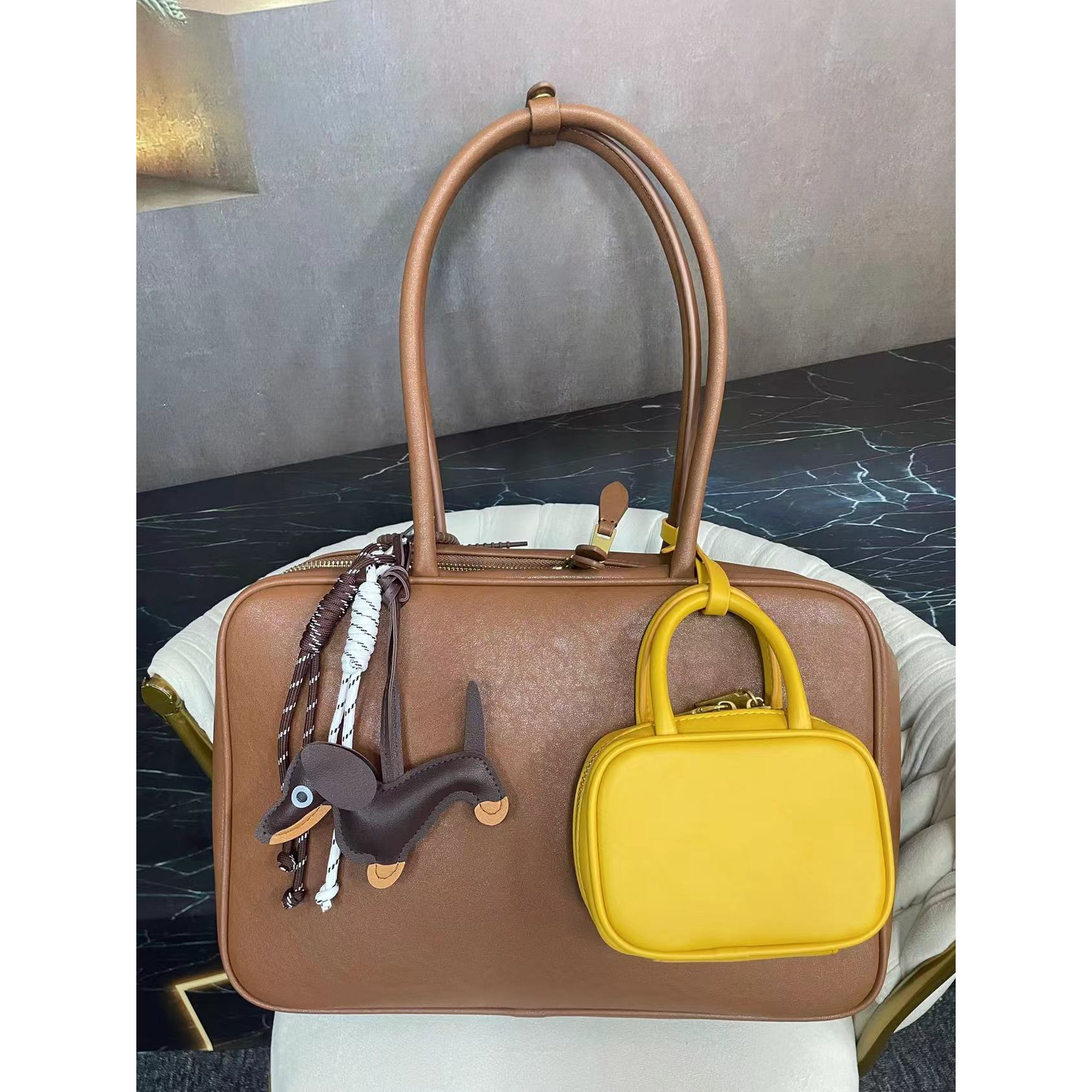 姝宴真皮女包公文包棕色