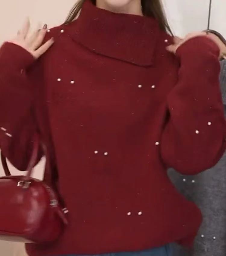 0808 设计感不规则翻领钉珠毛衣女春季新款小众气质k6-2-3
