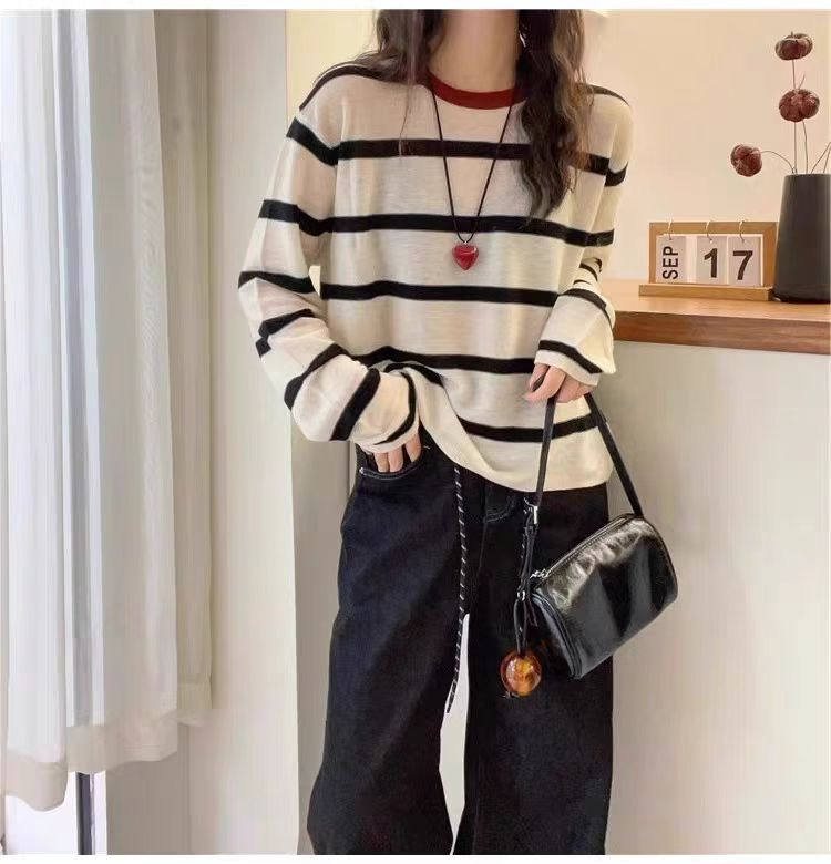 【DM大米定制】2025秋季新款女装欧货百搭撞色条纹软糯羊毛针织衫