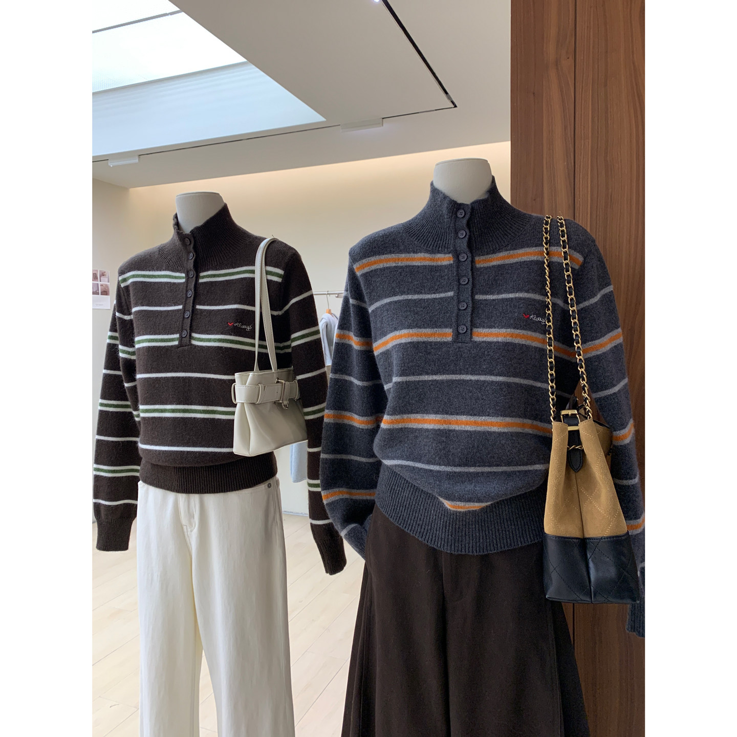 设计感纽扣半高领毛衣女撞色条纹羊毛兔毛混纺保暖慵懒宽松针织衫