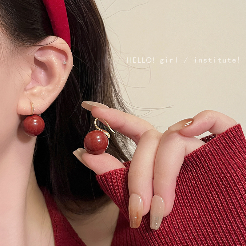铜合金亚克力耳饰 925银针安可拉红色珍珠耳钩女复古百搭法式小众