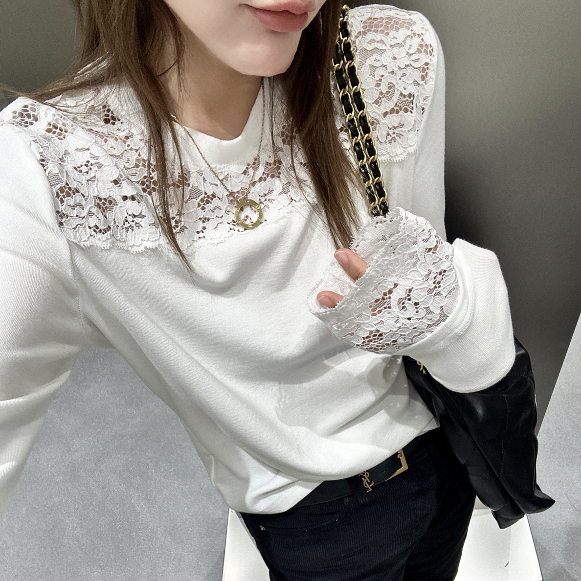 爆米花#259175早春福利高品质羊绒拼接蕾丝上衣，衣长：56cm