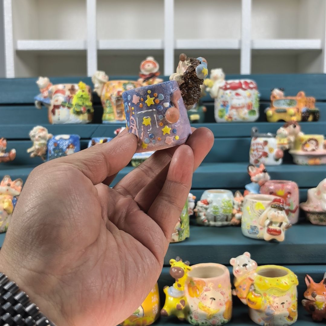 小***菇蓝色系 小刺猬 手绘多肉花盆