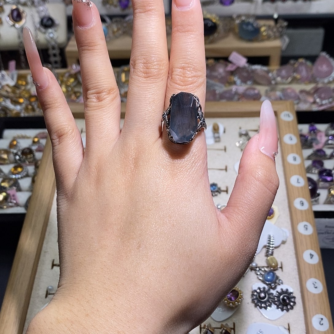 高***饼烟晶戒指银S925镶嵌