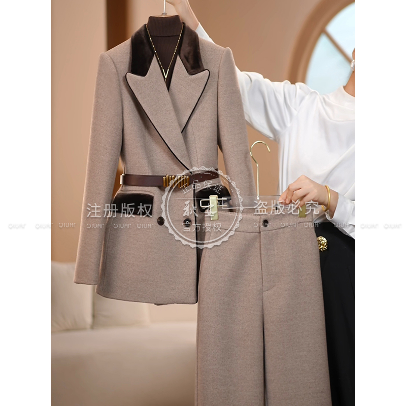 【AMNK服饰】2025冬季新款杏棕色高级设计师系列修身加厚西装套装