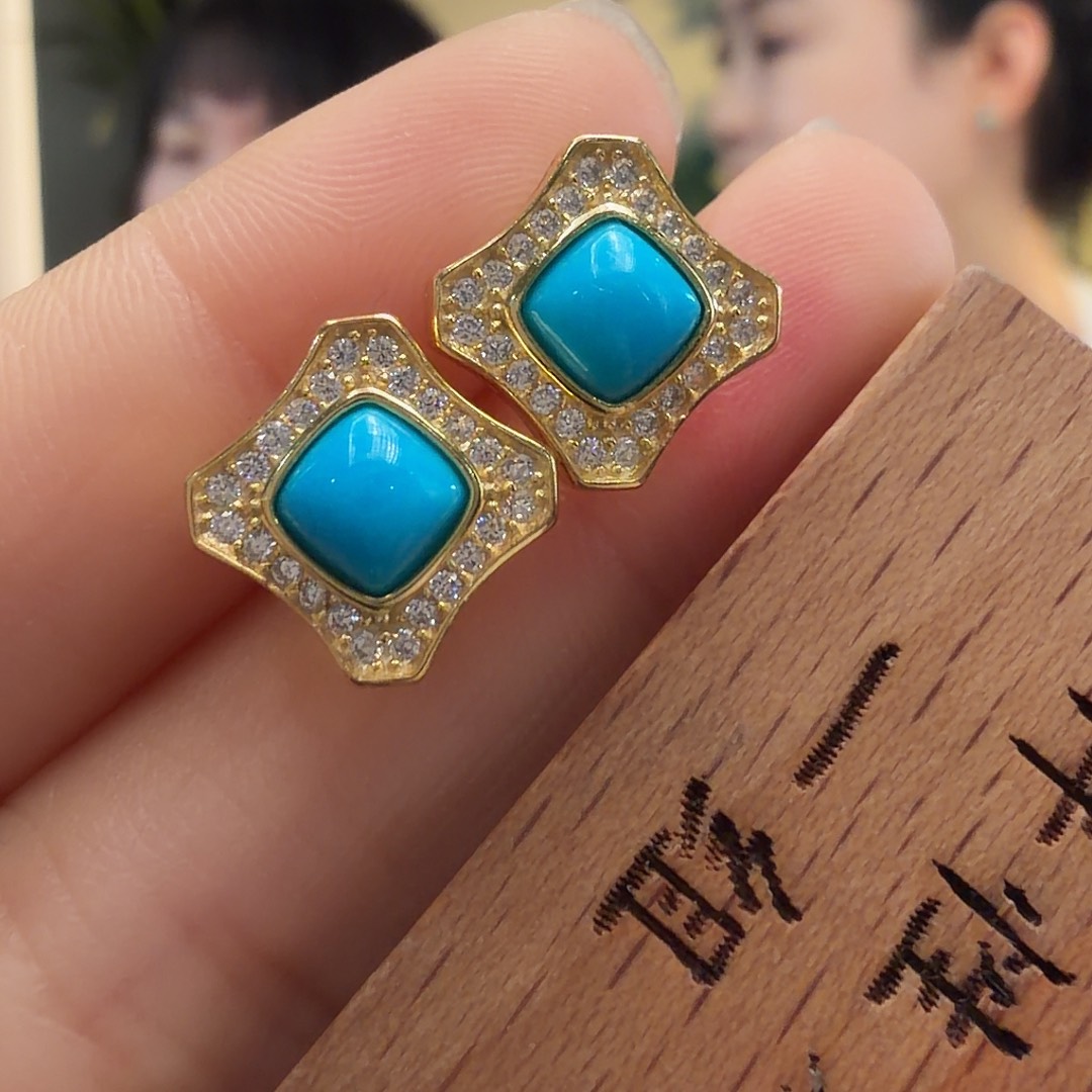 绿松石银S925镶嵌耳饰