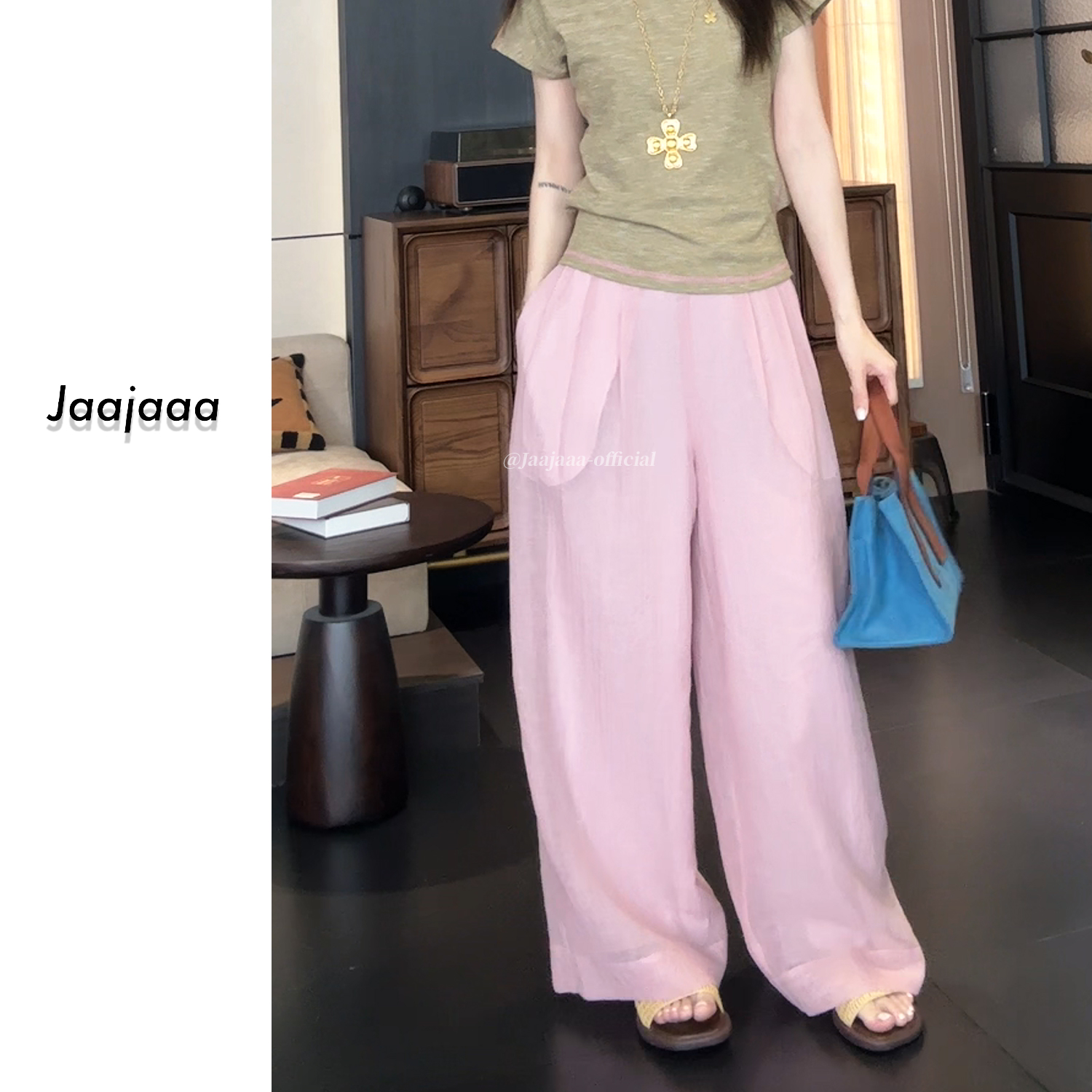Jaajaaa雾樱漫夏  简约纯色氛围感慵懒舒适垂感阔腿休闲裤/EEIG